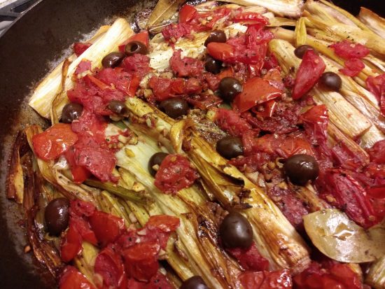 Recipe:  Braised Leeks with Tomatoes and Olives