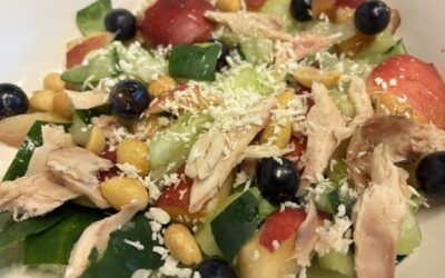 RECIPE: Smashed Cucumber Salad with Blueberries, Coconut and Chicken (or Chickpeas), with Asian Dressing